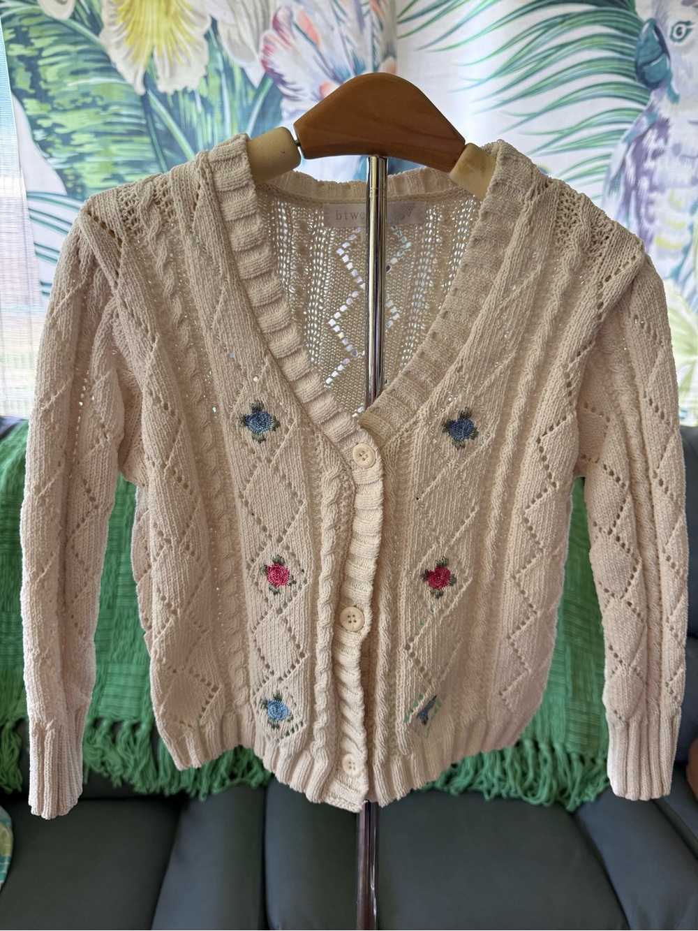 btween Cream Cable Knit Cardigan with Multicolor Floral Embroidery